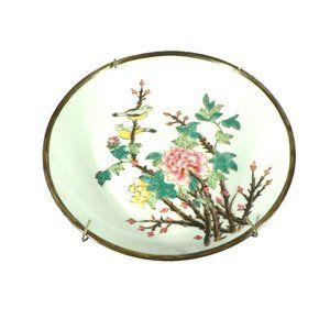 Plate Y.T. Porcelainwares Hand-Painted Botanicals Brass Encased Back Hong Kong 8